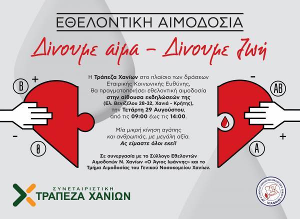 Εθελοντική αιμοδοσία από την Συνεταιριστική Τράπεζα Χανίων