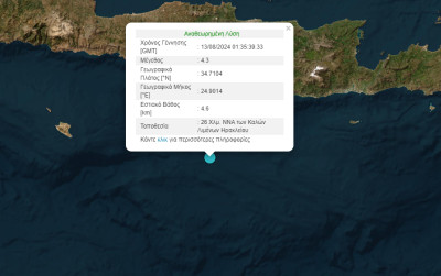 Σεισμός 4,3 Ρίχτερ ταρακούνησε το Ηράκλειο Κρήτης